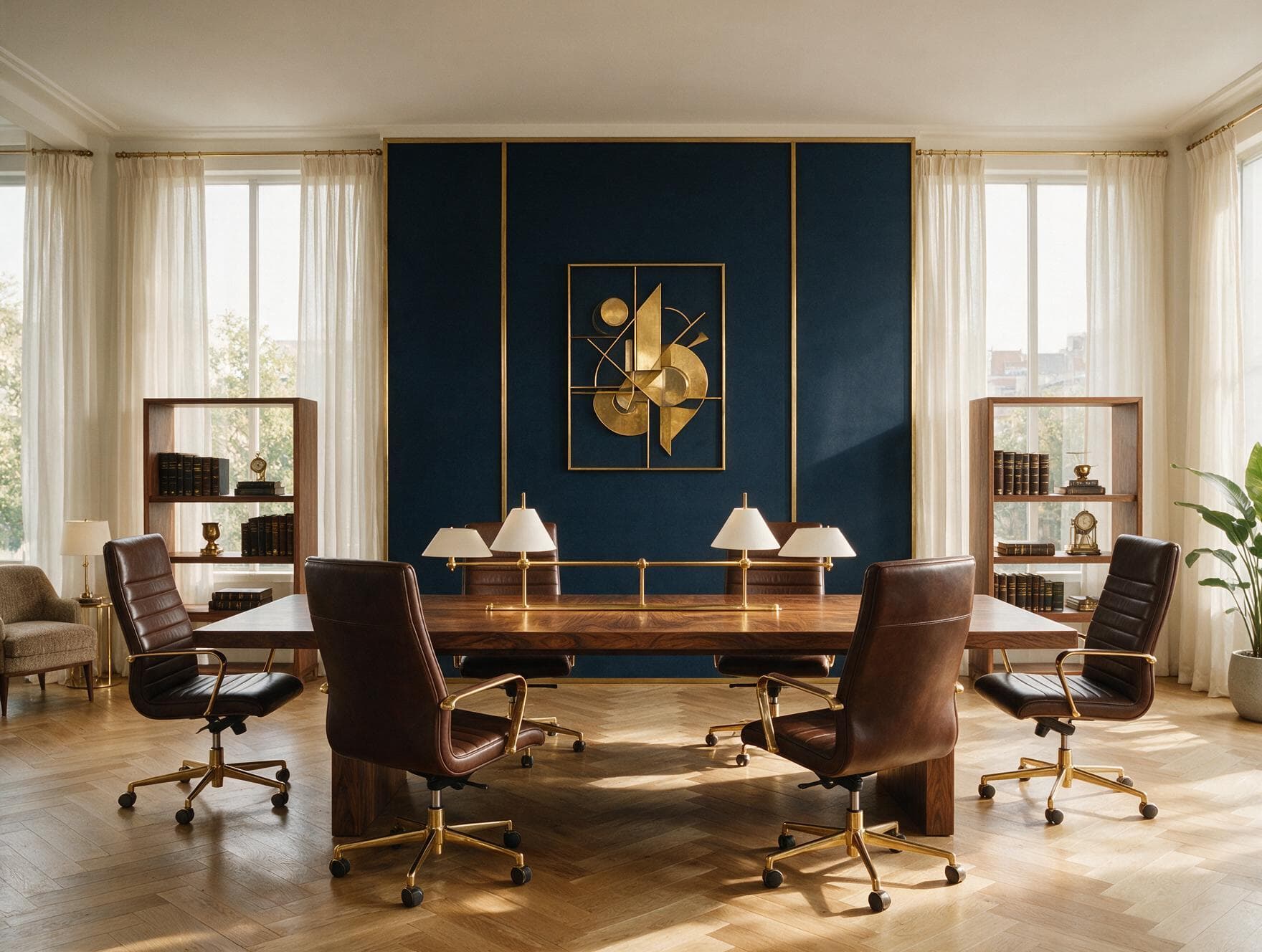 Sala de reunião premium com parede azul-marinho e detalhes dourados